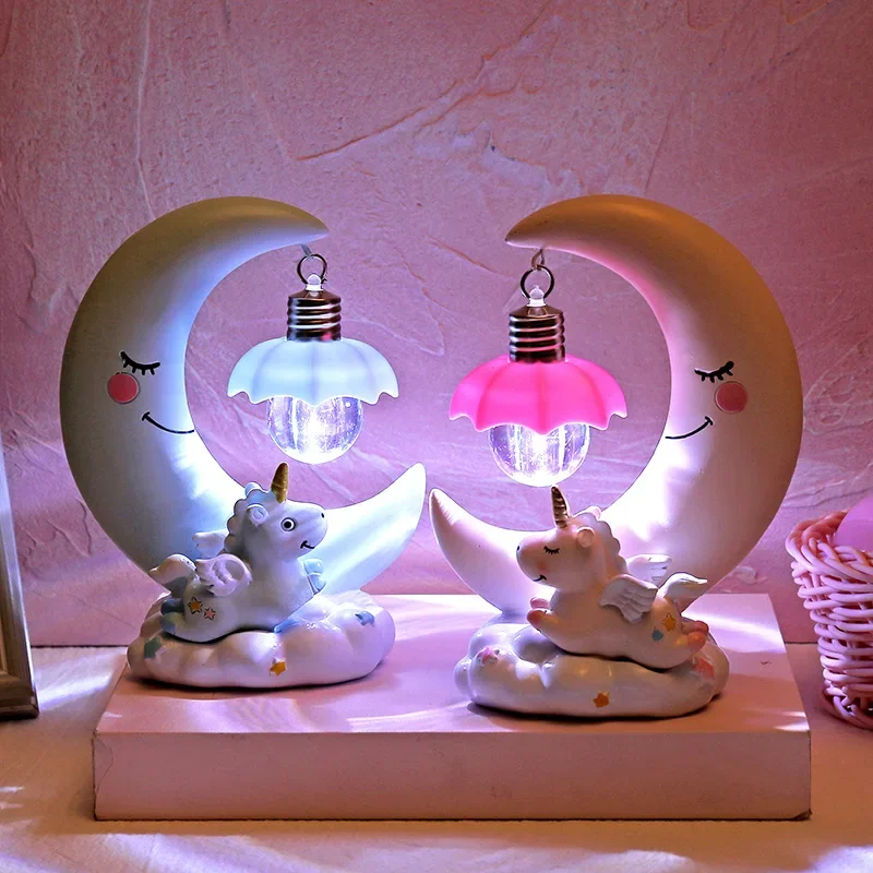 LED Night Light Resin Moon Unicorn Cartoon Baby Lamp Romantic Bedroom Decor for Children Kid Girl Toy Children's Gift Cute Light