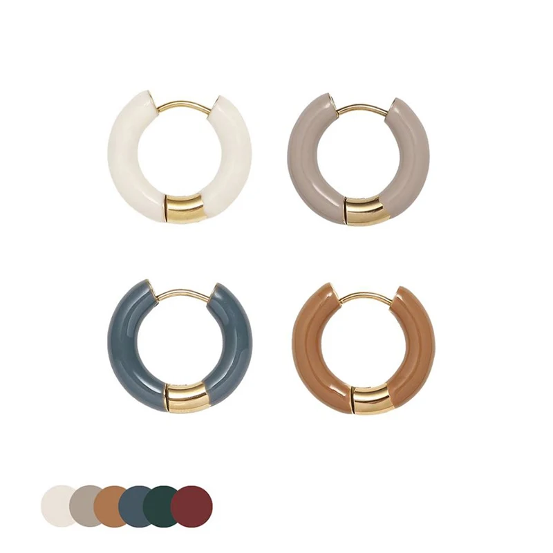 Circle Earrings for Women Girls Gray Brown Blue Burgundy White Green Gold Color 316L Titanium Steel Charms Jewelry Gift(GE535）