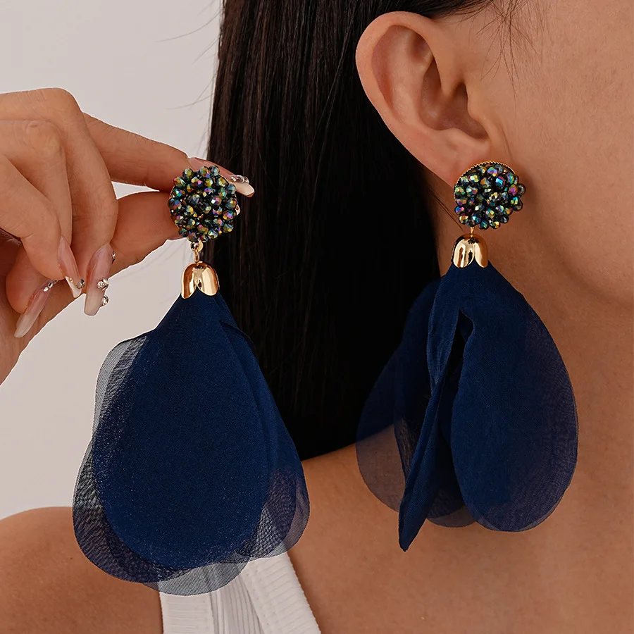 Navy Blue Mesh Flower Petal Dangle Earrings for Women Glass Crystal Beads Long Earrings Vacation Style Ear Jewelry Holiday Gifts