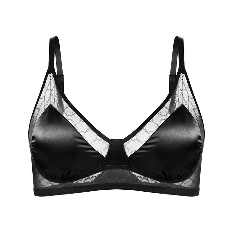 BirdTree Lining 100%Real Silk Satin Bra, Women Solid Wire Free Lace Mesh, Sexy Comfortable Thin Underwear, 2024 Summer P44682QM