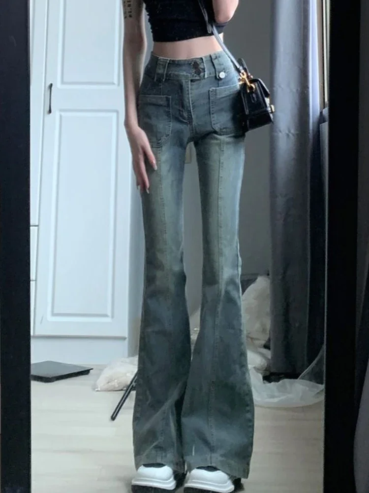 

Джинсы-клеш в стиле ретро, женские джинсы в американском стиле с высокой талией для отдыха, милые узкие универсальные популярные сексуальные брюки полной длины для девочек, новинка