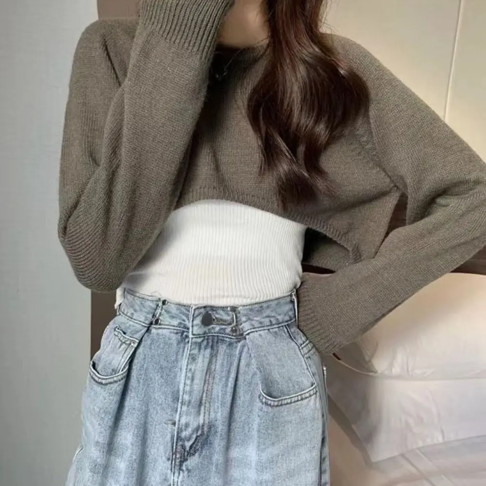 

Простая вязаная короткая футболка с длинными рукавами, осенний свободный укороченный топ, свитер в корейском стиле, милый пуловер для девочек