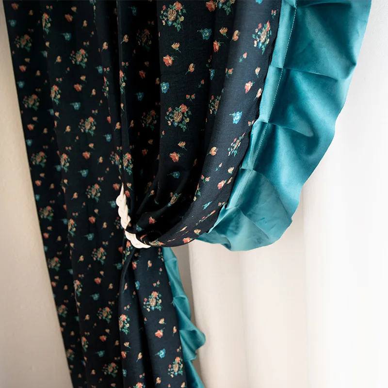 Small Rose Navy Imitation Cotton Linen Jacquard Wood Ear Edge Splicing Curtains for Living Room Bedroom French Window Customized