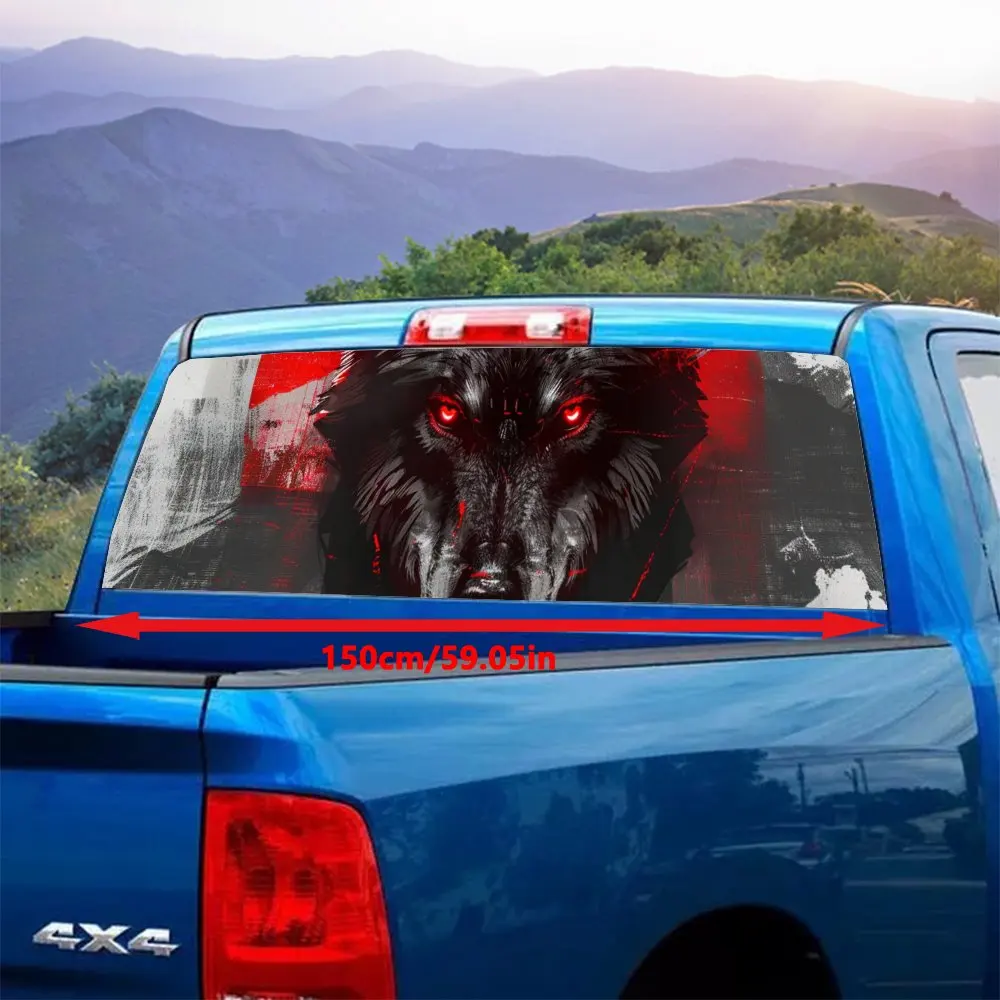 Red Eyes Wolf with Red Sun Car Rear Windshield Sticker Truck Window See Through Perforated Back Window Vinyl Decal Decoration