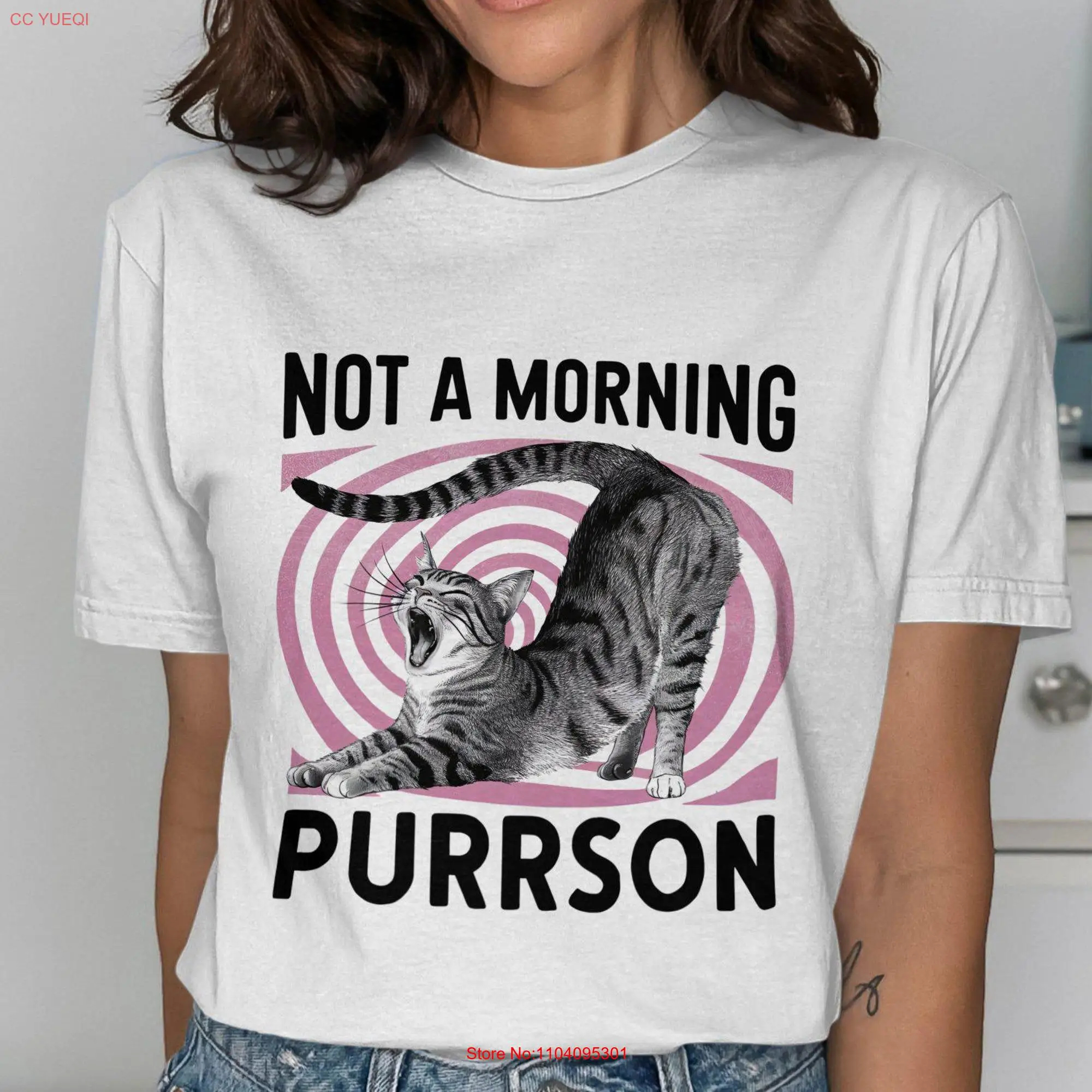 Funny Cat T Shirt Not A Morning Purrson Cute Lover Yawning Humor Animal Lovers long or short sleeves