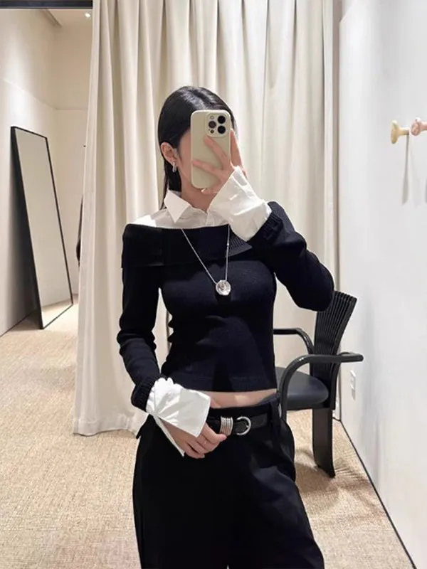 

Spring New Design One oulder Long Sve Slim Fit Bla White Splicing Women's irt Sli Body ape Faion Top