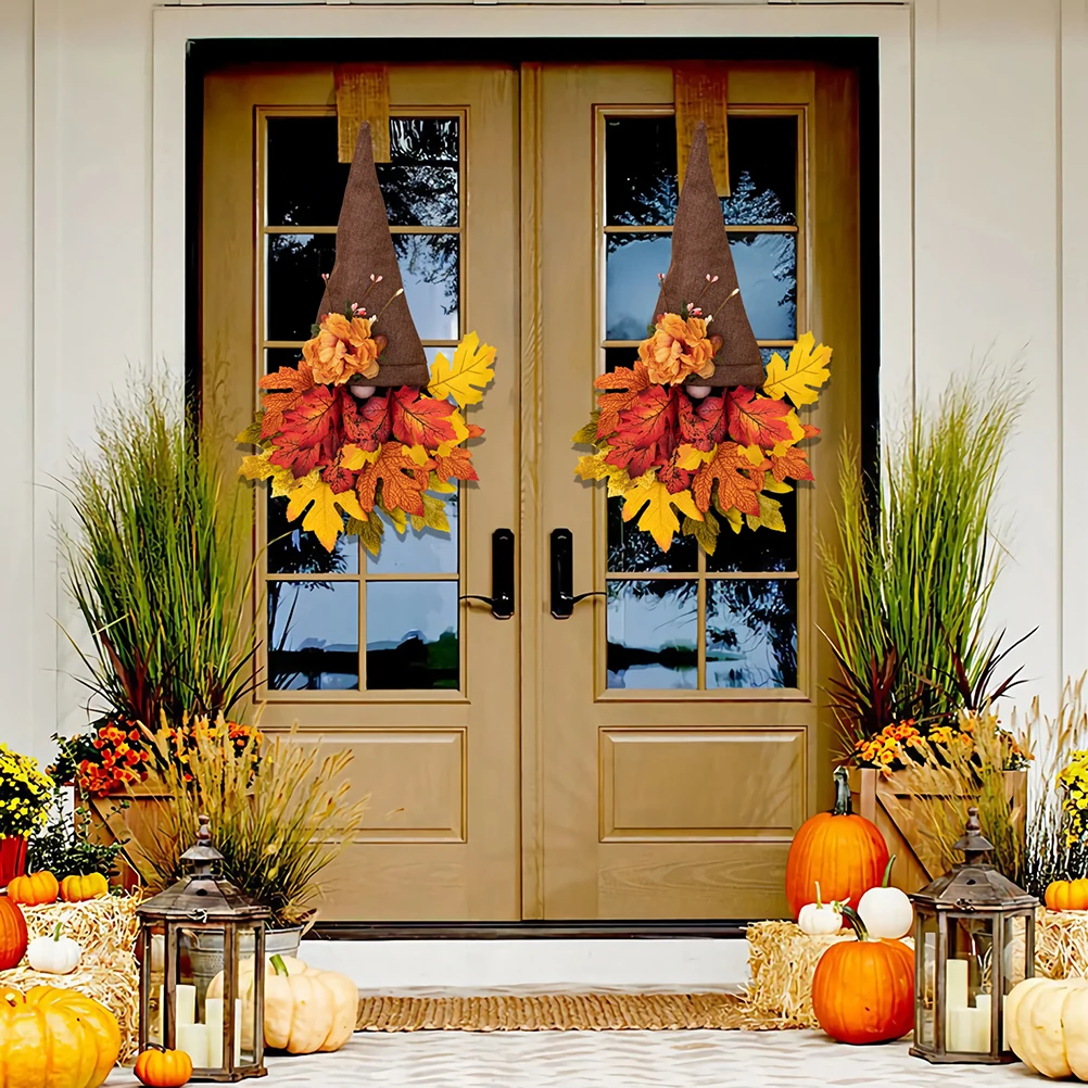 

Dark Maple Leaf Door Hanging Autumn Rattan Wreath Harvest Gnome Pendant Fall Decor Artificial Thanksgiving Home