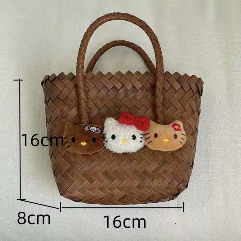 Kawaii Hello Kitty Beach Straw Handbag Y2k Cute Cartoon Kitty Cats Doll Decor Woven Bags Casual High Capacity Tote Bag For Women