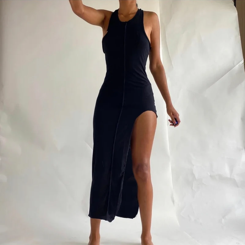 Women Summer Patchwork Bodycon Fashion Soild Color Sleeveless Open Fork Split Long Tank Dress Sundress y2k 2023 Female Clothing