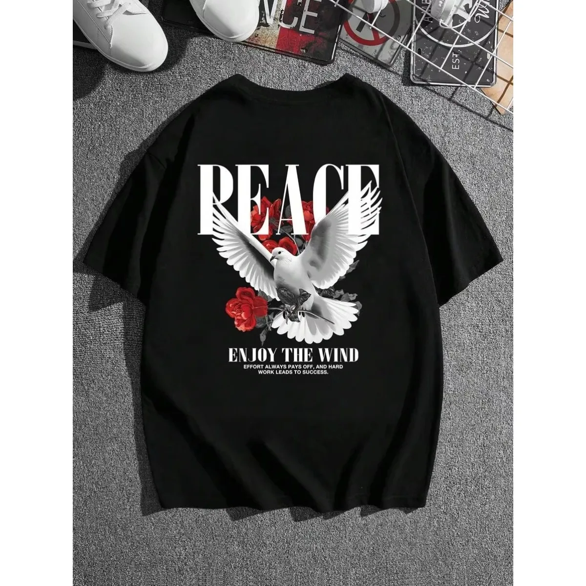 السلام حمامة روز 2026 جديد حار الرجال النساء للجنسين القطن تي شيرت العلامة التجارية الفاخرة الراب حجم كبير ملابس الشارع الشهير الكلاسيكية عودة طباعة المحملة #2