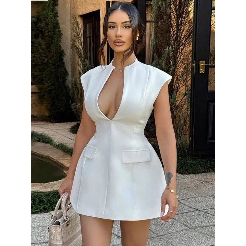 Bonny Mini abito da donna senza maniche con scollo a V profondo Abito sexy con tasca impero a pieghe |   Abbigliamento da club per feste in spiaggia SS25 Moda estiva