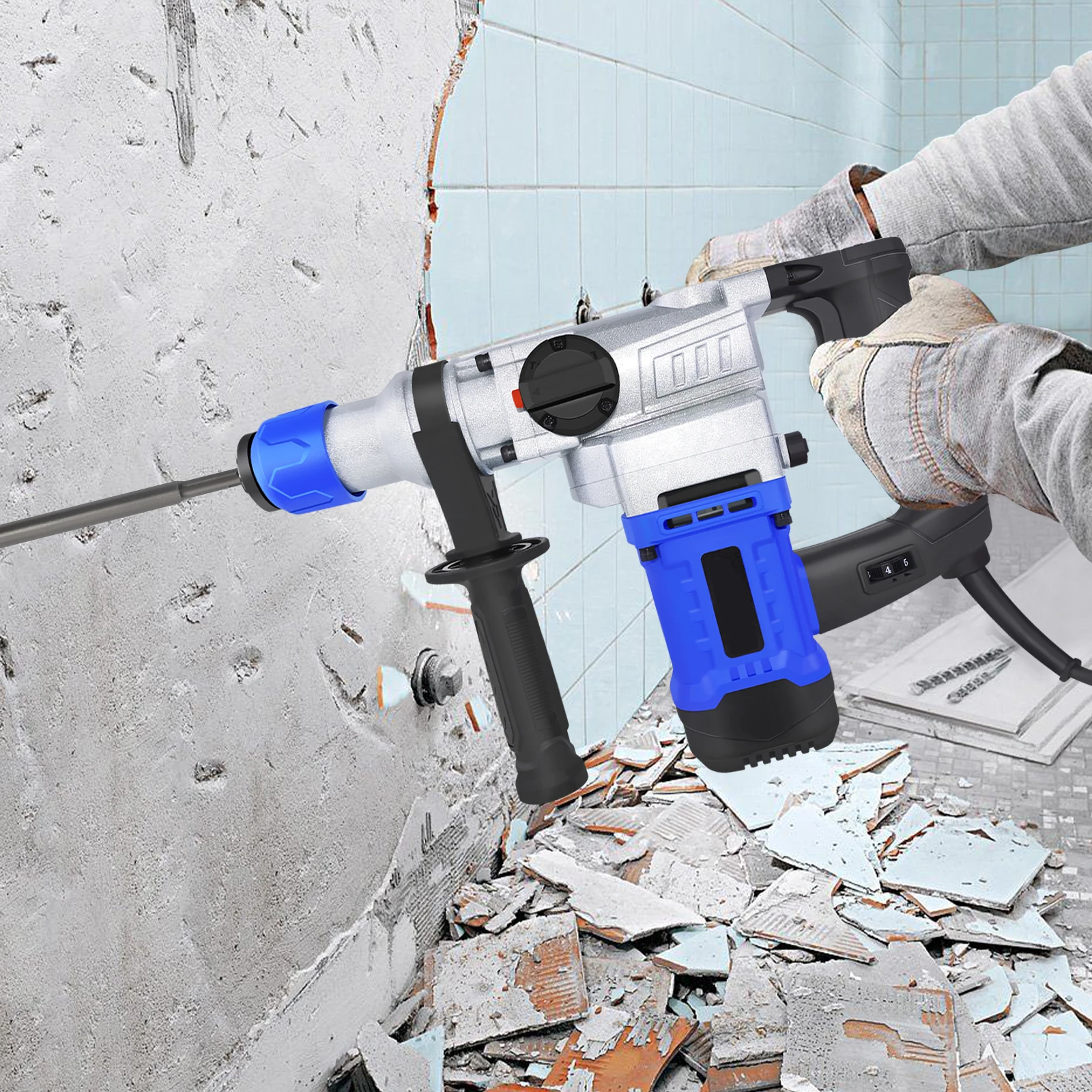 مثقاب مطرقة دوارة 1500 وات - 6 سرعات قابلة للتعديل، 4 وظائف، مطرقة هدم كهربائية مع أزاميل SDS Plus ولقم الثقب وحقيبة