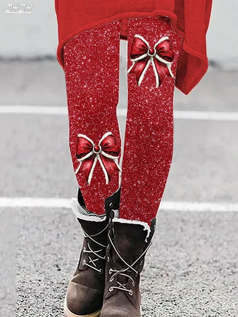 

Рождественские женские леггинсы, уютные леггинсы для отпуска, винтажные модные рождественские леггинсы с бантом и графическим принтом, флисовые теплые теплые леггинсы