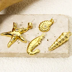 2 PCs Brass Ocean Jewelry Pendants For Jewelry Making 18K Real Gold Plated Shrimp Starfish Conch Charms DIY Necklace Findings