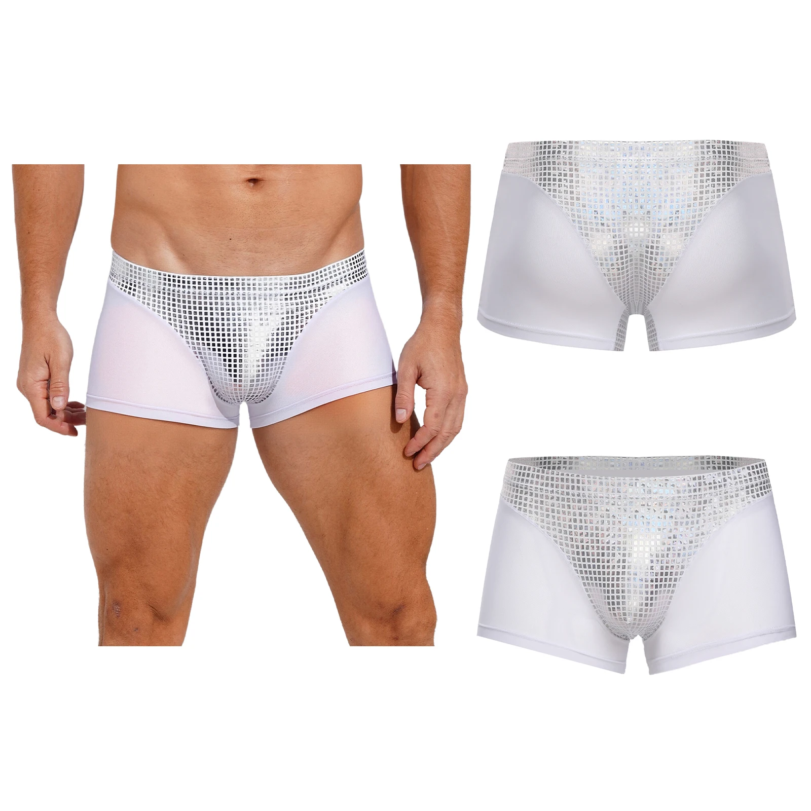 

Дышащие трусы-боксеры с низкой талией для взрослых и мужчин, блестящие сетчатые лоскутные трусы для пляжа, вечеринки у бассейна, купальные трусики
