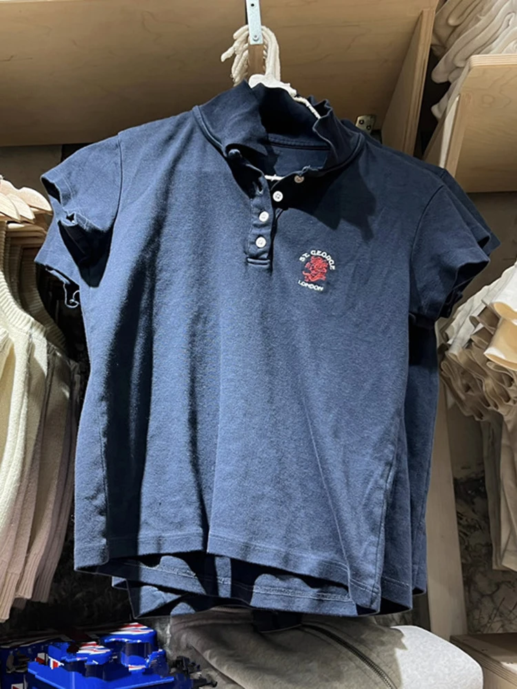 

Женские хлопковые футболки с вышивкой дракона, летние приталенные Топы в стиле Харадзюку с отложным воротником и коротким рукавом, повседневные винтажные шикарные футболки на пуговицах, Y2k