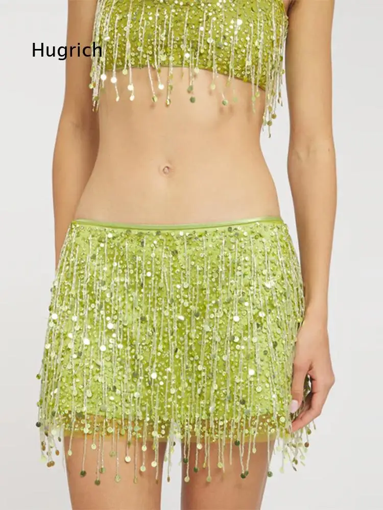 Womens Sexy Two Piece Outfit Spaghetti Strap Top And Mini Skirt With Sequin Tassel Crystal Bead Decor Party Club Wear For Daily