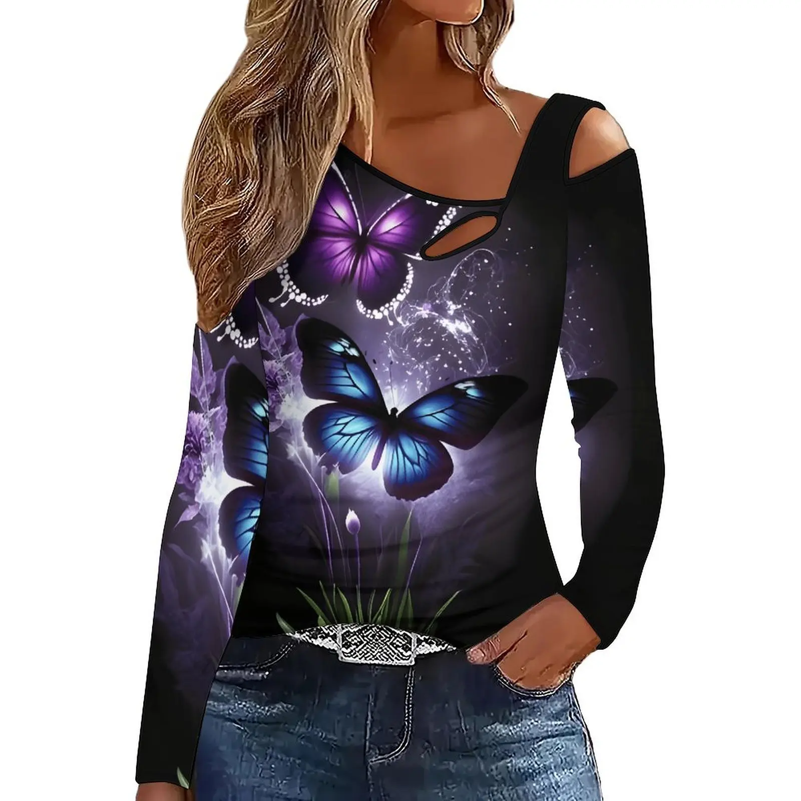Elegant Directional Slanted Shoulder Long-Sleeved Off-Shoulder Fashion Elegant Women's Printed Top Everyday Fashion T-Shirt