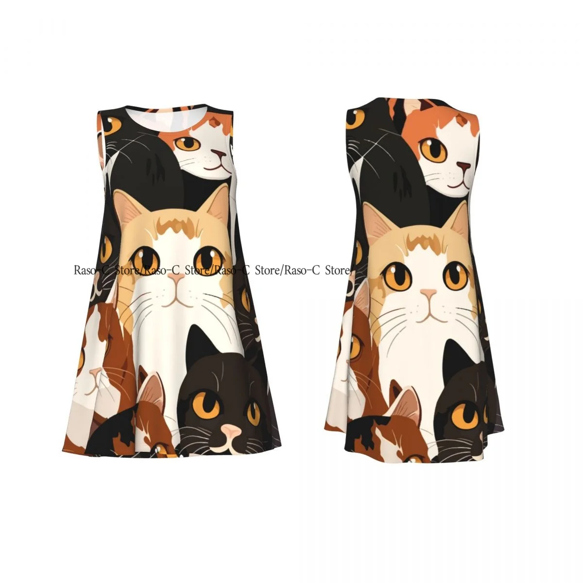 Vestido de mujer, camiseta informal de verano, vestidos de playa, vestido sin mangas con estampado de gatos de dibujos animados