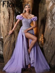 2 Pieces Purple Beading Cocktail Dress Off Shoulder Ruffles High SIde Split Wedding Party Gowns Custom Arabic Celebrity Dress