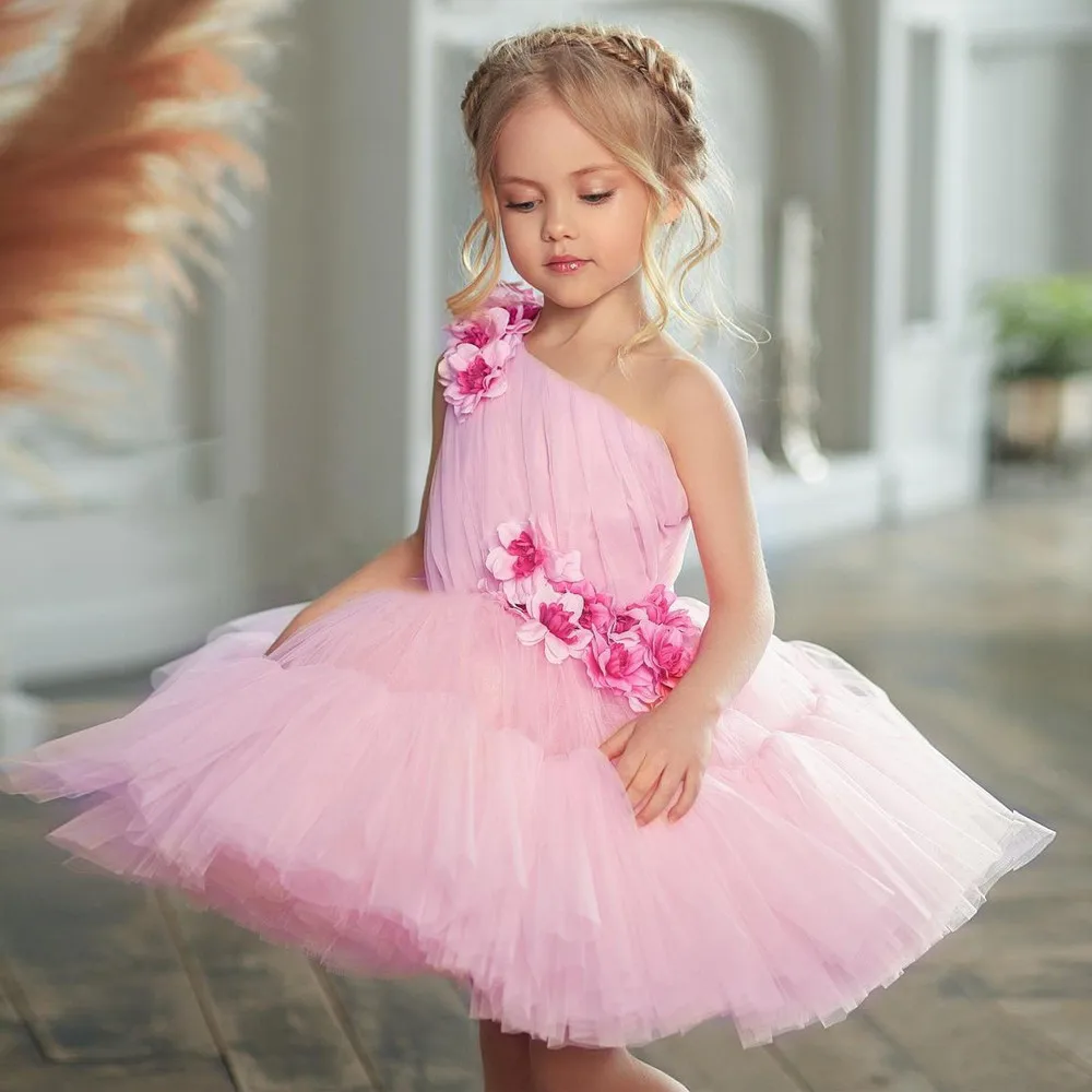 One-shoulder Tulle Fluffy Decal Dance Princess Flower Girl Dress Wedding Party Ball First Communion Gowns Kids Birthday Gift