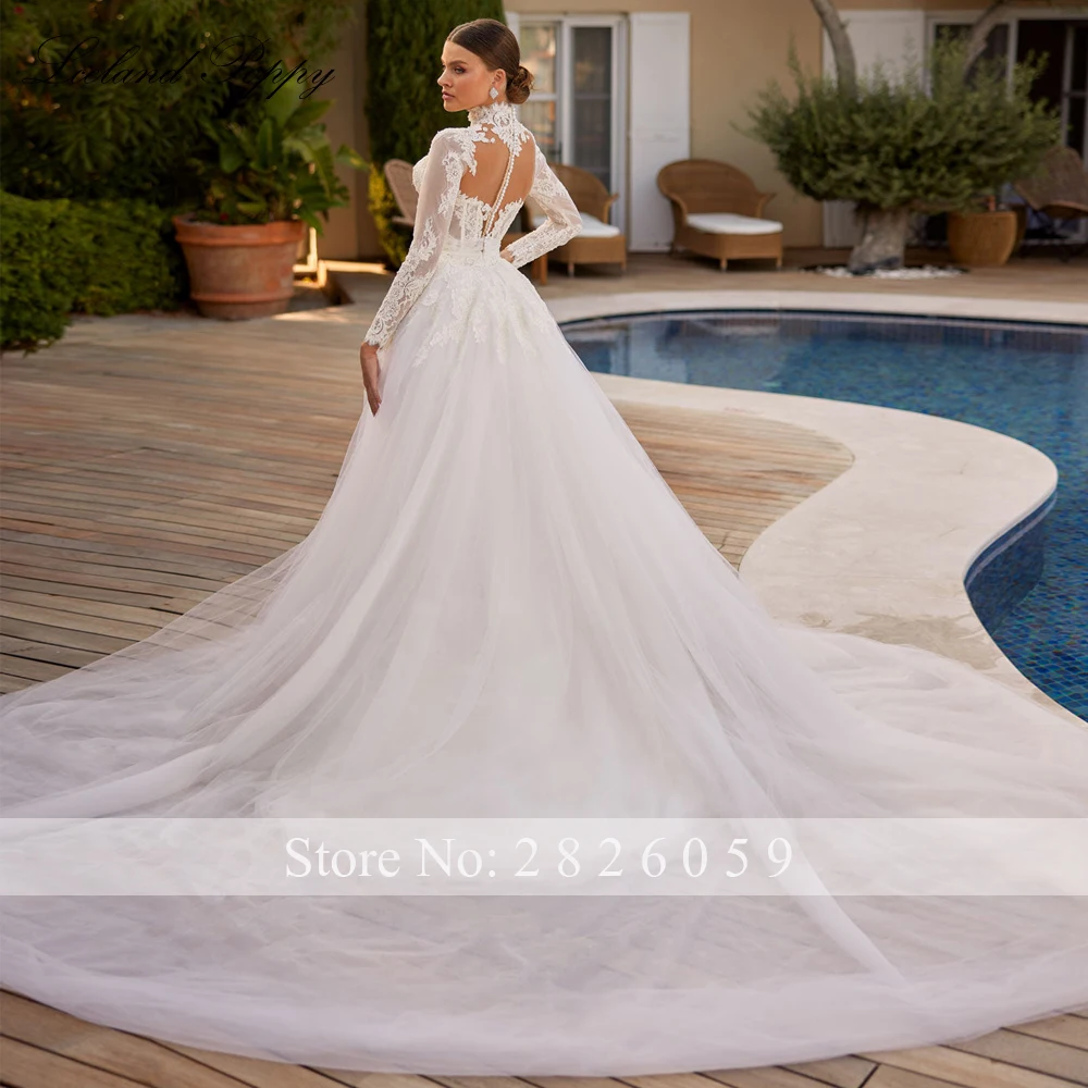 Lceland Poppy Customized 2 Pieces Mermaid Wedding Dresses Full Sleeves High Neck Lace Bridal Gowns with Detachable Train