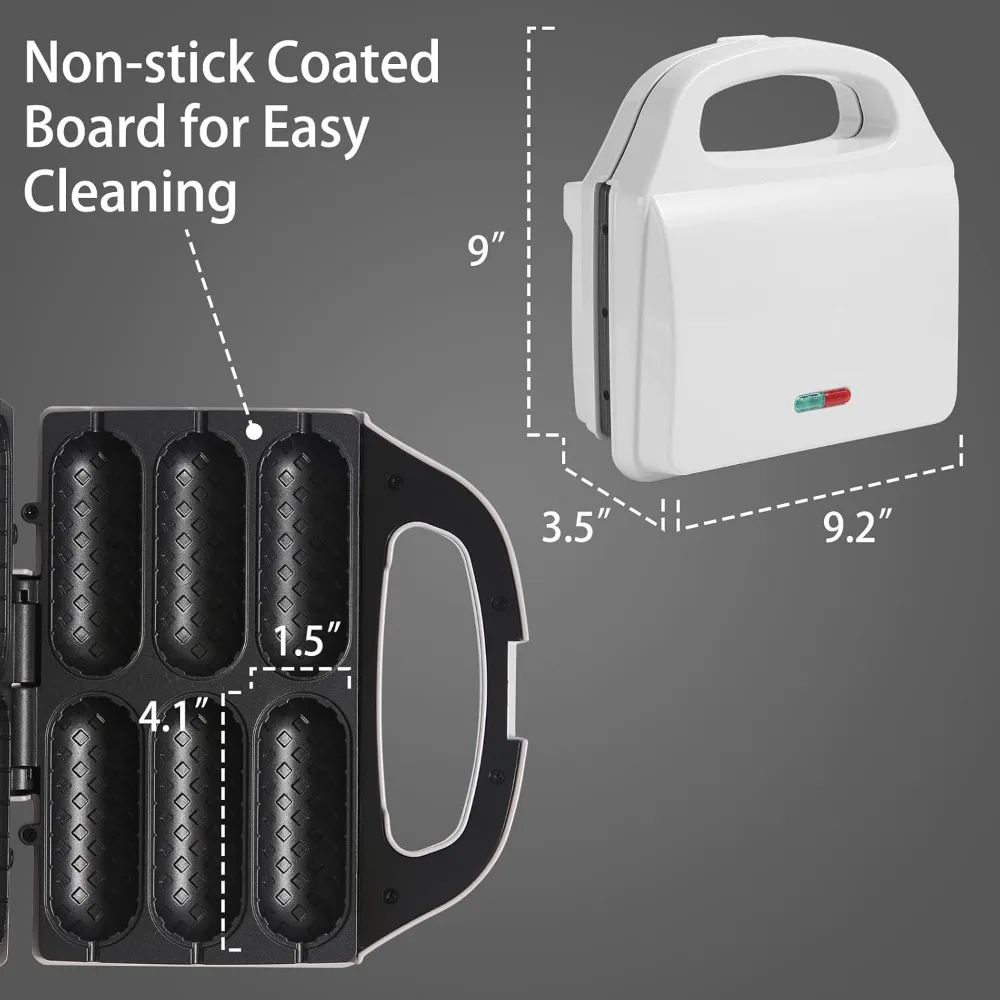 صانع وافل كلب الذرة، آلة الوافل مع لوحة طلاء غير لاصقة، محمصة خبز هوت دوج صنع 6 كلاب ذرة