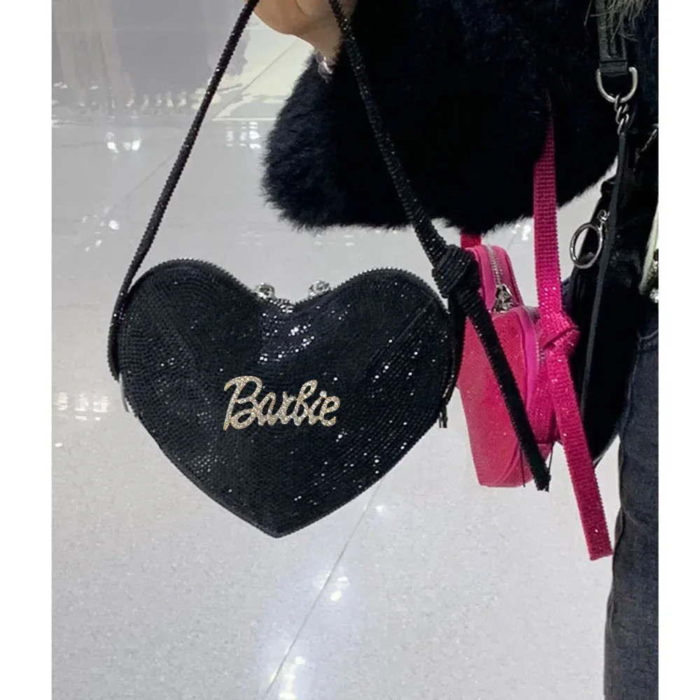 Barbie Heart-shaped Shoulder Bag Love Full Diamond Flash Party New Portable Anime Kawaii Mini Phone Underarm Bag Girl Gifts