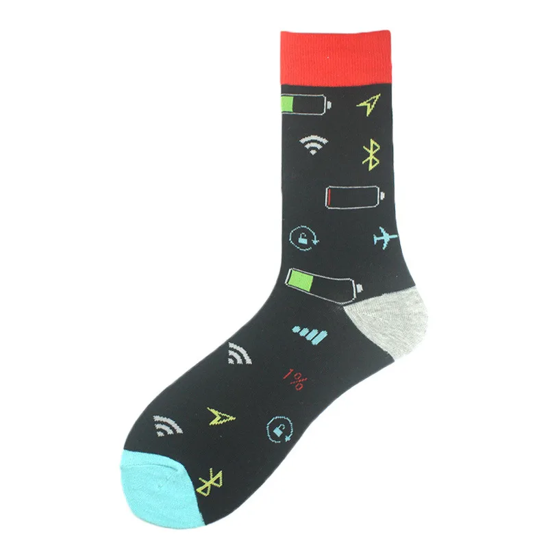 1 pair Fun Tech Symbol Men's Mid-Calf Socks - Red & Black Contrast Trendy Socks (Signal/Battery Elements)