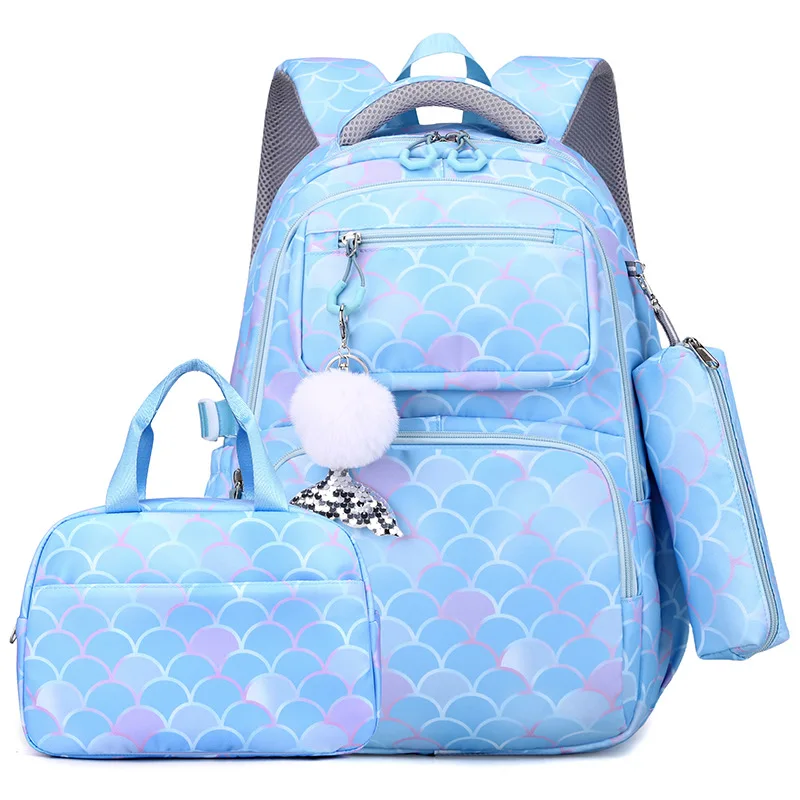 2024 NEW Multifunctional Fish Scale Printed Backpack Girls Schoolbag High Quality Nylon School Bags with Lunchbag and Pencilbag