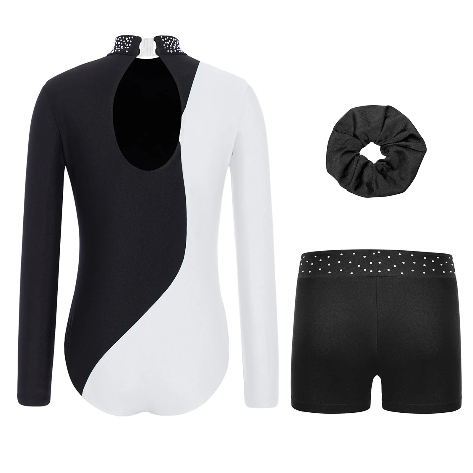 Kids Girls Gymnastics Dance Outfit Long Sleeve Rhinestones Leotard Bodysuit with Shorts Hairband Ballet Figure Skating Costumes