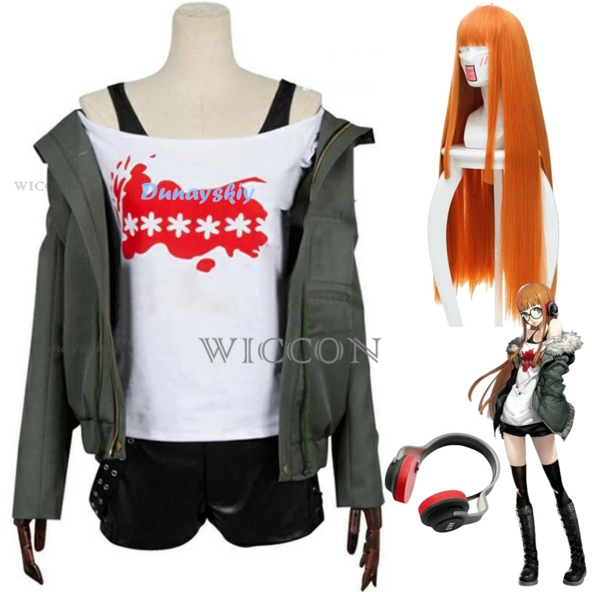 Game Persona 5 Futaba Sakura Cosplay Costume Wig Woman Halloween Party Full Set Casual Coat Jacket Earphone P5 Uniform Suit