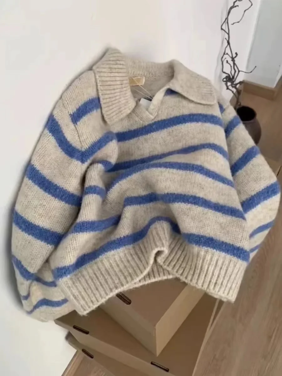 

Soft Long Sve Knitted Sweater Women's Autumn Winter Lazy Overhead Blue Stripe Collar Sweater Comfortable Polyester Fiber