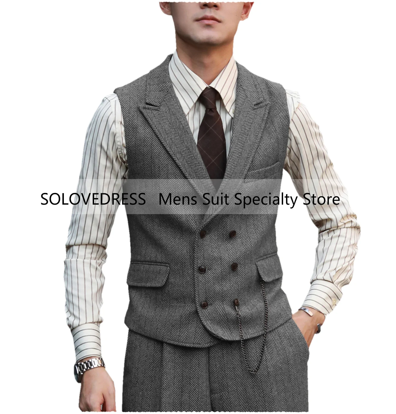 

Men's Vest Single Breasted Slim Fit Vintage Tweed Wool Waistcoat Herringbone for Wedding Groomsmen gilet