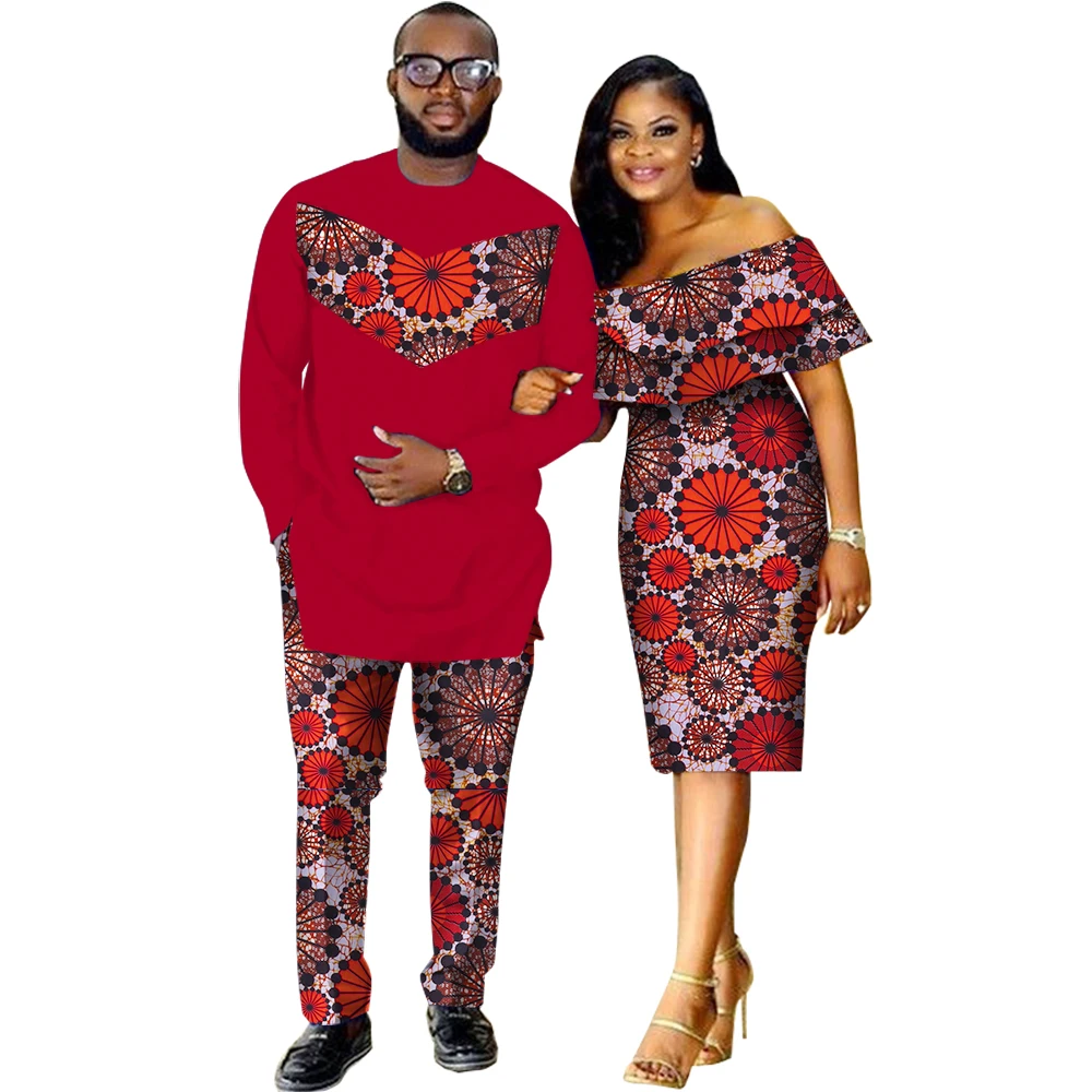 2 Piece Set  African Dashiki Print Couple Clothing for Lovers Men Top Pant Set and Women Ruffle Sleeve Bodycon Dress WYQ62