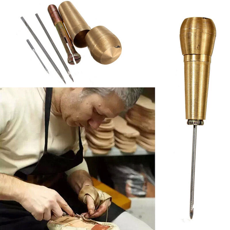 Leather Sewing Kit DIY Leather Sewing Awl Needle with Copper Handle Set Leather Canvas Tent Shoes Repairing Tool