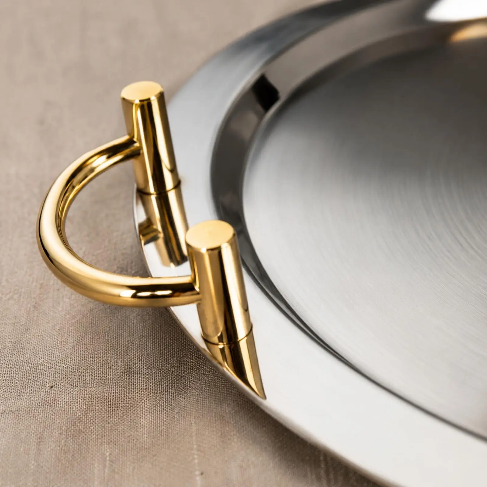 Polished Stainless Steel Serving Tray Gold-Colored Handles Round Stainless Steel Tray Elegant for Hospitality Places, Countertop