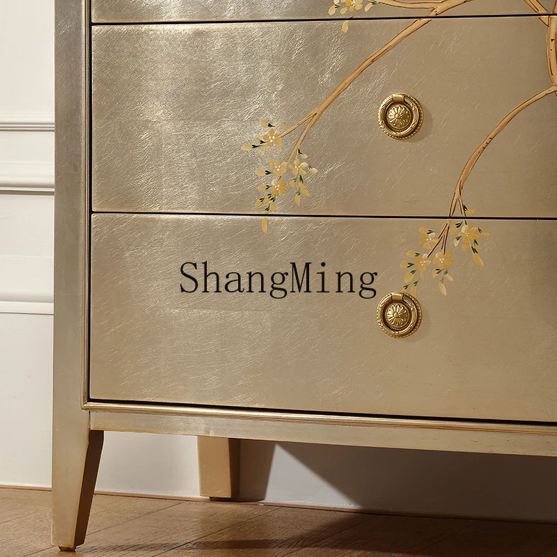 ZYH light luxury solid wood painted chest of drawers champagne silver foil bedroom drawer decorative locker
