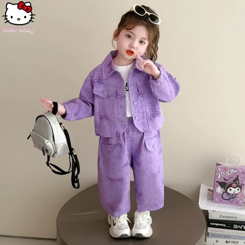 

Girls Kuromi Collar Workwear Jacket Pants Set Cartoon Kawaii Spring and Autumn New Kawaii Sanrio Halloween Costume Two Piece Set