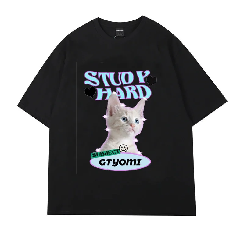 Women's Cute Cat Cartoon Printed Short-Sleeved T-Shirt  Summer Loose Vintage Fashion Y2K Harajuku Streetwear cotton Female Tops