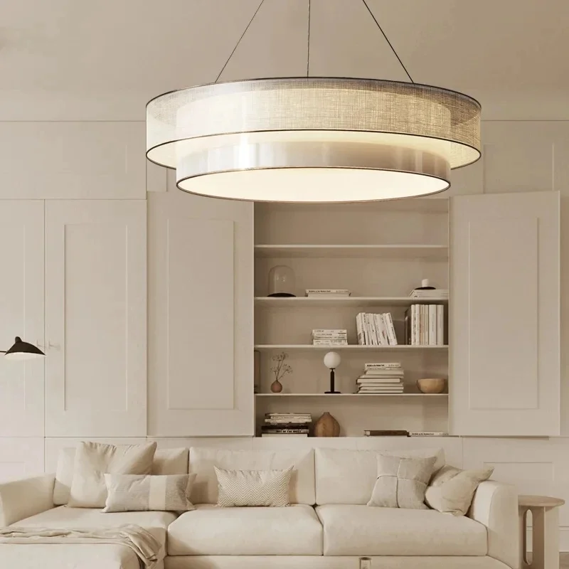 Modern Double Layer Round Pendant Light Beige Linen Fabric Shade Minimalist LED Ceiling Fixture Living Room Dining RoomDecor