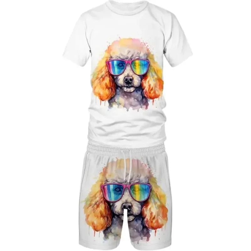 Letni zestaw sportowy z nadrukiem 3D na rok 2025, męski i damski, uroczy zestaw z koszulką i szortami z motywem psa, 2-częściowy zestaw.