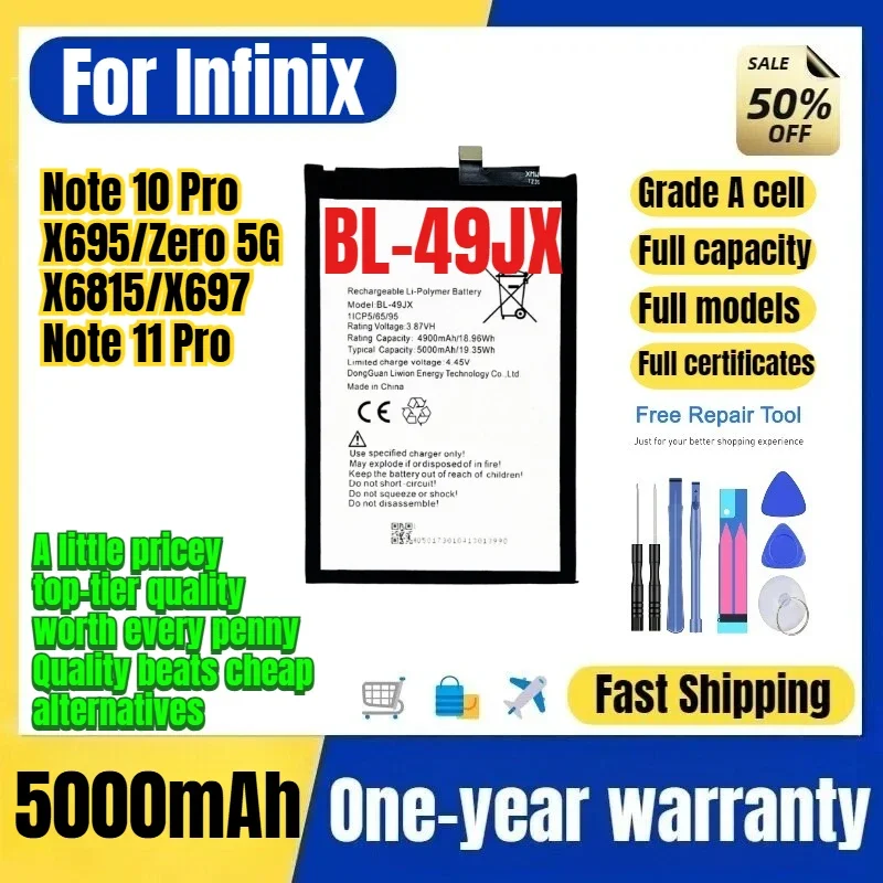 BL-49JX for Infinix Note 10 Pro/X695/Zero 5G/X6815/X697/Note 11 Pro Phone Battery Replacement Bateria Grade A Cell with Tools