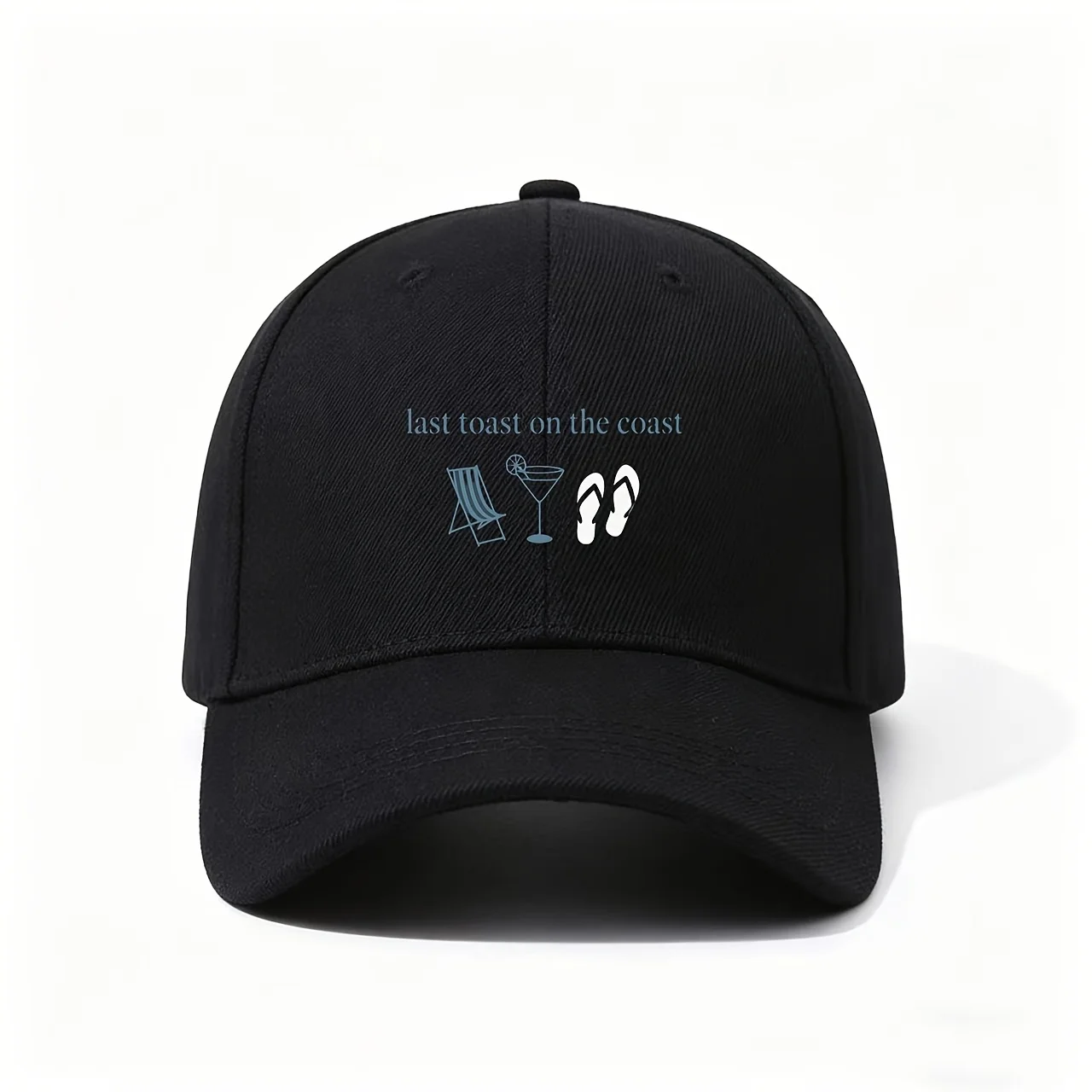 Last Toast on The Coast Beach Print Baseball Cap, Coastal-Themed Graphic with Beach Chair, Cocktail And Flip Flops, Breathable A