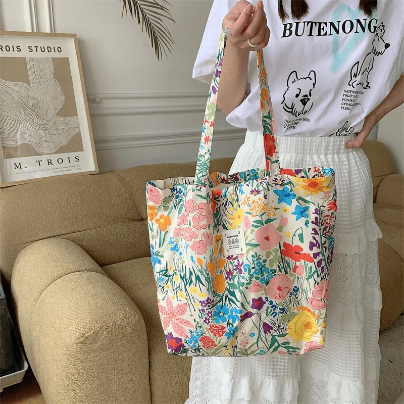 

Flower Pattern Large Capacity Canvas Tote Bag, Durable Lightweight Shoulder Bag, Casual Fashion Bag