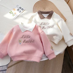 Girls Sweatshirt Lapel Long Sleeved Spring Autumn Pullover Tops Korean Version Rabbit Embroidered Hoodie Children Casual Clothes