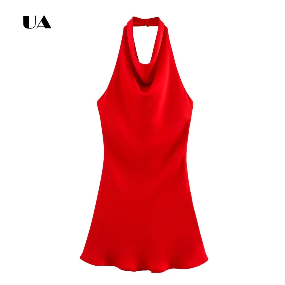 

ULBYANRY Trendy Halter Sleeveless Mini Dress, Solid Draped Neckline Evening Dress for Woman, Elegant Cocktail Party Gown