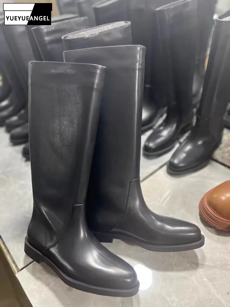 Top Quality Office Ladies Black Cowhide Mid-Calf Boots Below Knee Women Real Leather Boots Low Heel Slip-On Pointed Toe Footwear