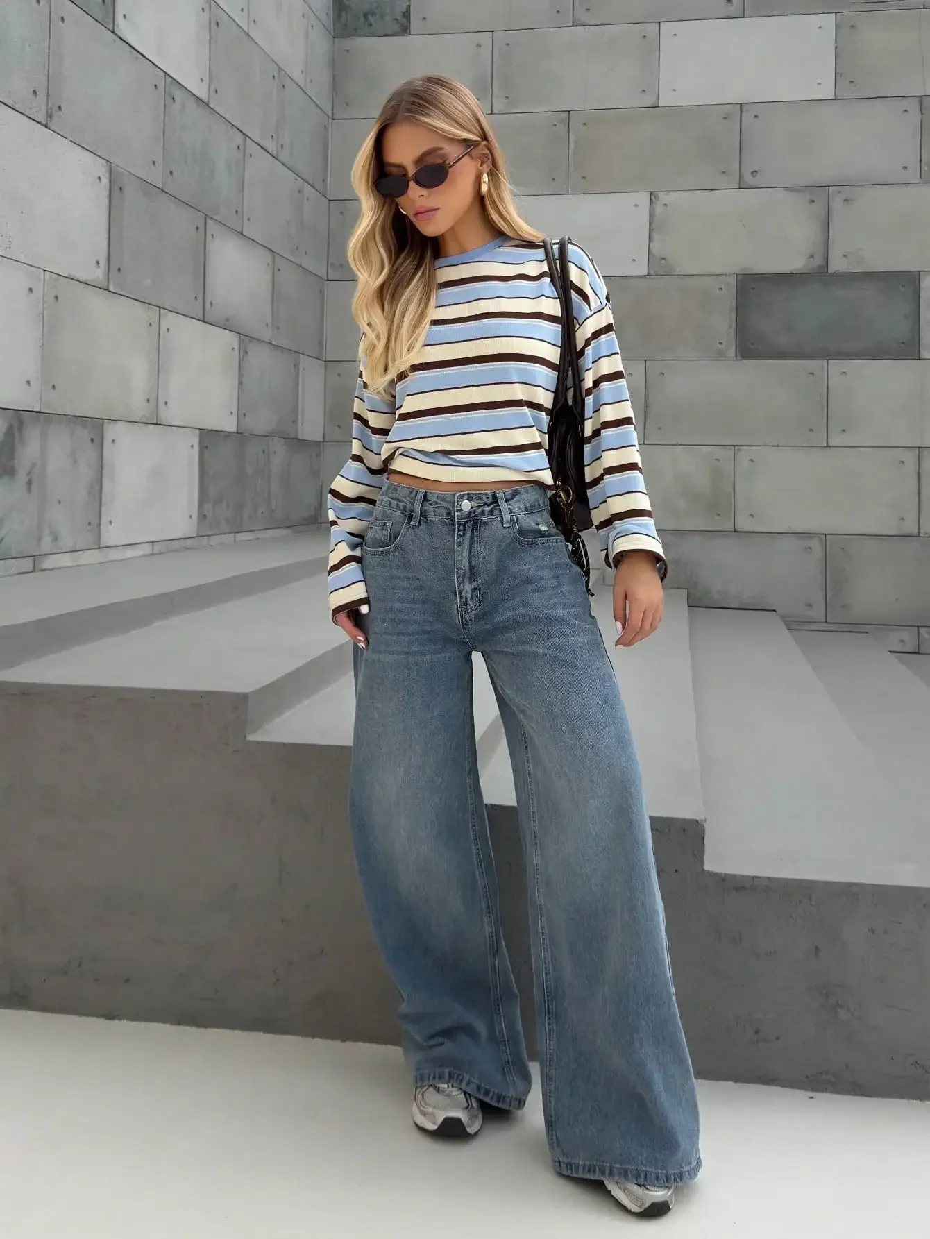 2026 Women Striped Long Sleeve T-Shirt, Fall Winter Loose Crew Neck Top, Soft Faux Cotton Oversized Casual Daily Blouse view 3