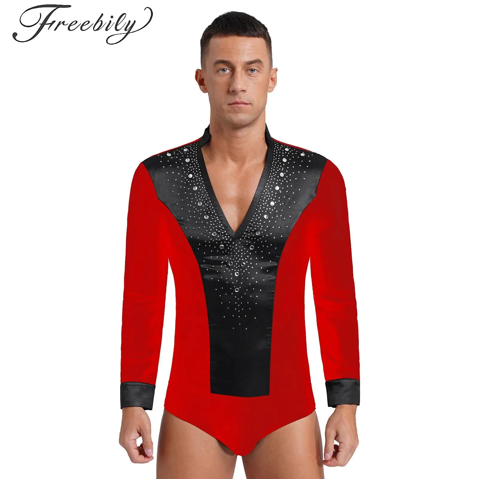 

Mens Gymnastics Figure Skating Leotard Costume Long Sleeve V-neck Ballroom Latin Dance Shirts Tango Rumba Bodysuit Dancewear